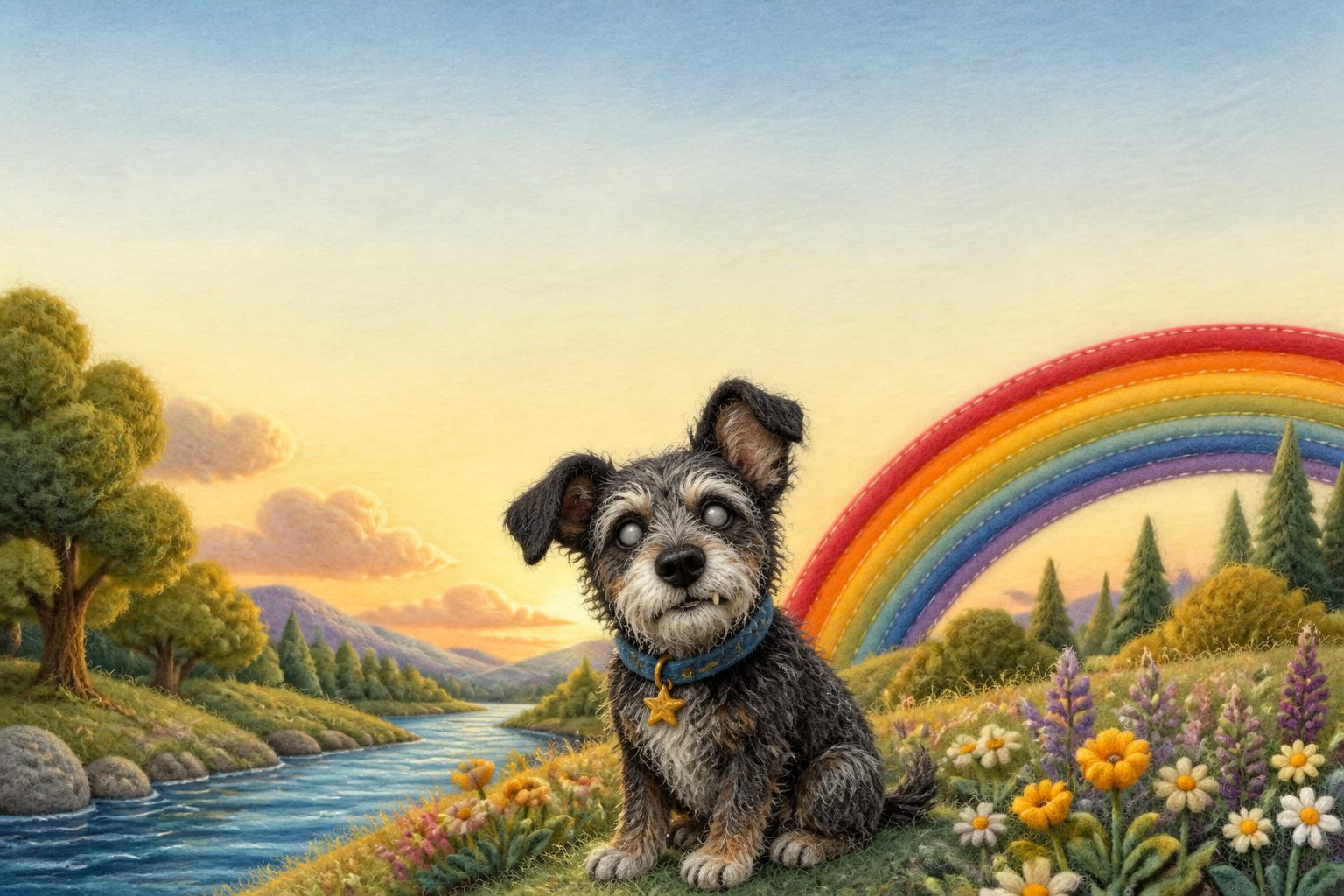 Elderly scruffy felt puppet dog Memorioso in a blue collar with a gold star charm, sitting in a wool meadow beside a river under a stitched rainbow
