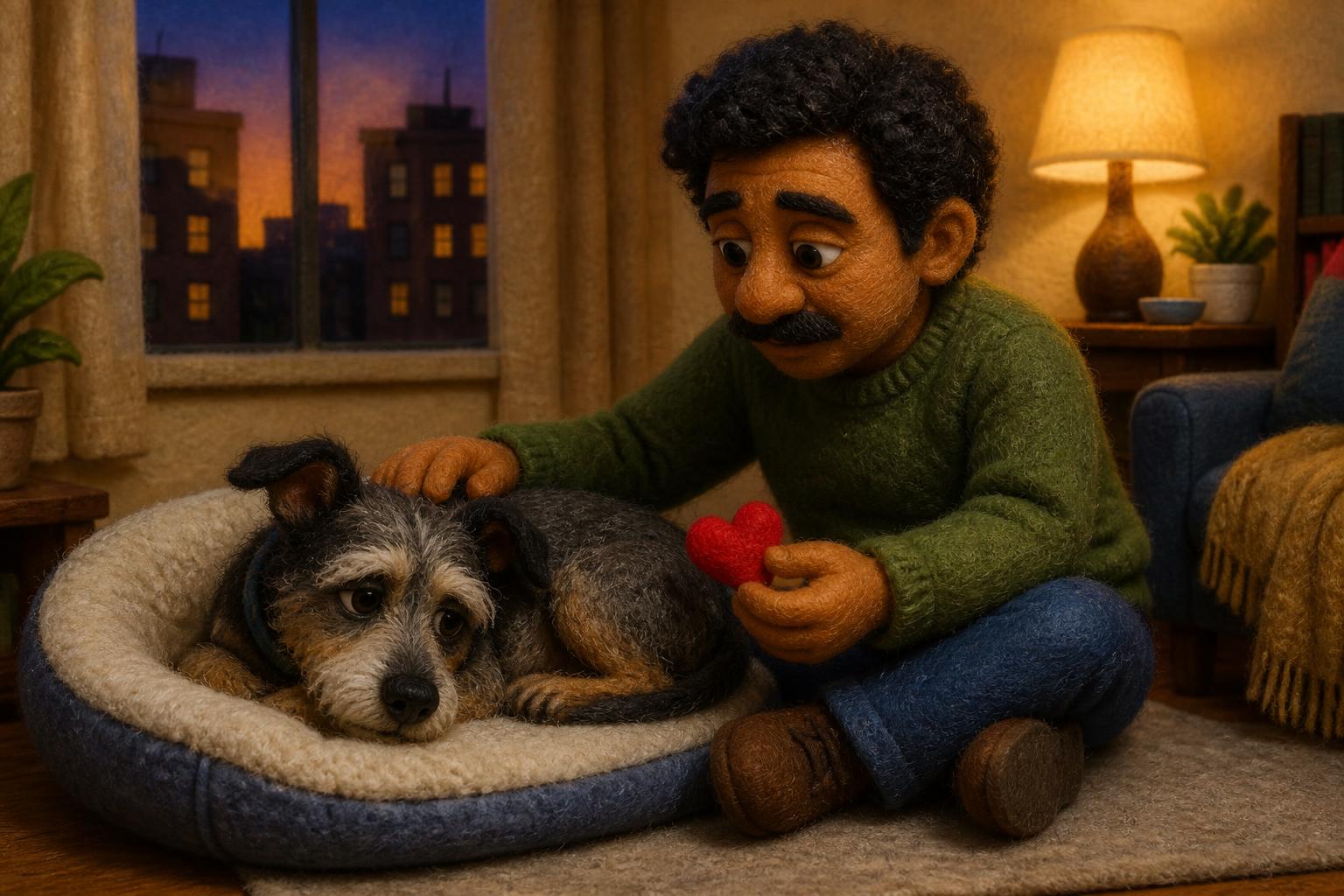 Scruffy felt dog curled sadly on his bed at dusk while his adoptive father in a green sweater strokes him and offers a small red felt heart