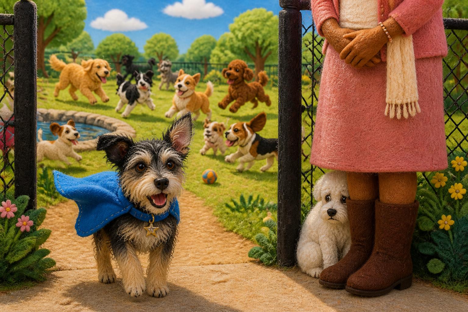 Scruffy felt dog in a blue Superdog collar and cape entering a busy dog park while a shy small white fluffy dog hides behind her adoptive mother's brown boots