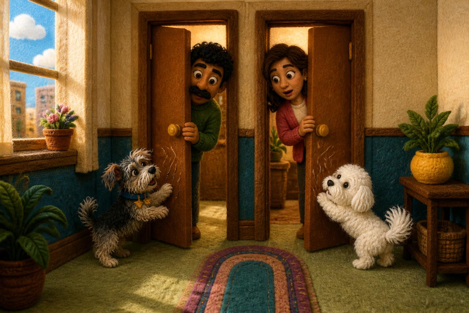Scruffy felt dog and small white fluffy felt dog scratching at neighboring apartment doors while their surprised adoptive parents peek out